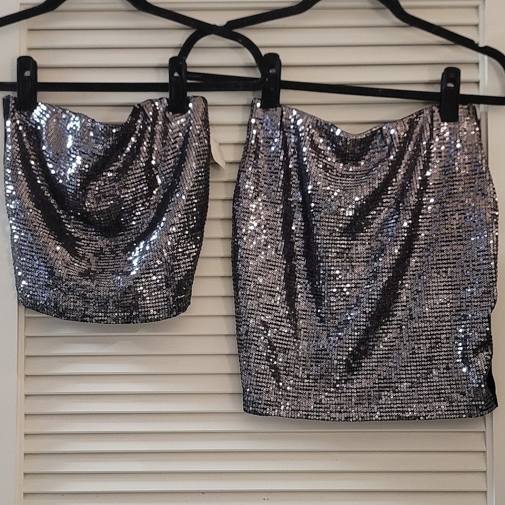 Favlux - (NWT) Two Piece Silver & Black Sequins Skirt & Tube Top Set